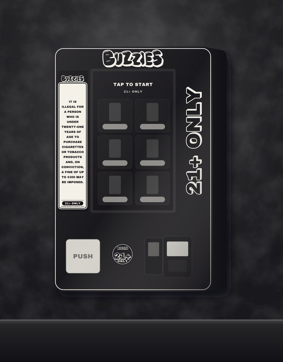 Buzz Box mockup: a black wall-mount vending machine with the Buzzies wordmark, a touchscreen, a 21+ ONLY decal and the Arizona warning sign, on a dark bar wall